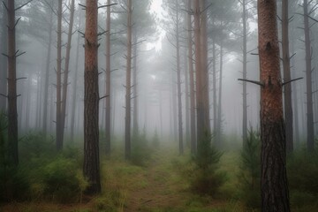 Foggy pine forest. Generative AI