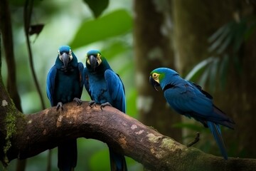 Two blue parrots on a tree in the jungle. Generative AI