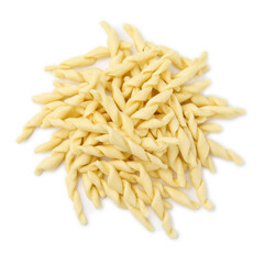 Pile of uncooked trofie pasta isolated on white, top view