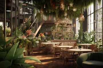 Fotobehang Stunning Empty Plant Café with Tropical Trees and Ferns, Modern Interior Design with Greenhouse Effect © Bryan