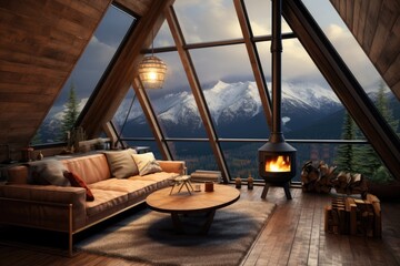 Travel Destination in The Sky with Living Room Interior, Free Standing Fireplace Burning, Open Window Views of Stunning Snow Capped Mountains