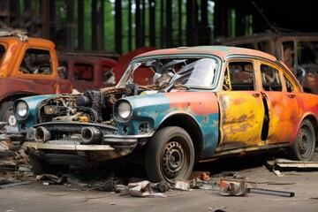 A collision victim's car rests at a repair station, awaiting restoration