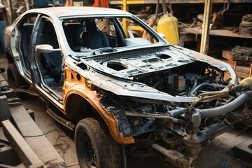 In an automotive yard, a car lies disassembled, ready for repair