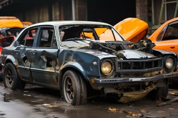 In the city, a car after a collision awaits repair at the workshop