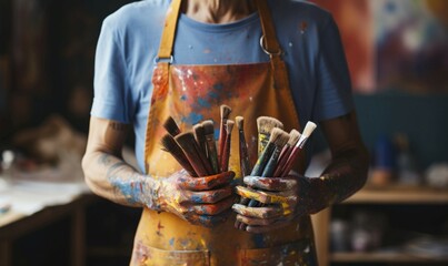 Up close, an artist's hands in a paint smeared apron grip diverse brushes