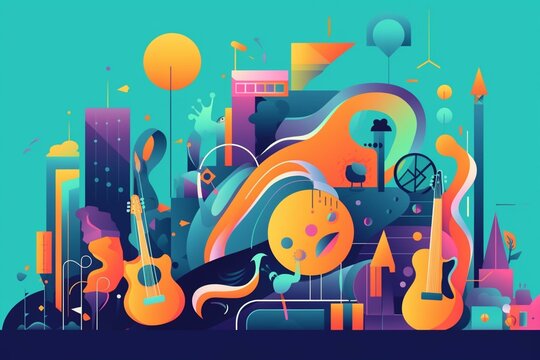 Colorful cartoon banner depicting music scene. Generative AI