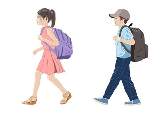 リュックを背負い歩く少年少女イラスト