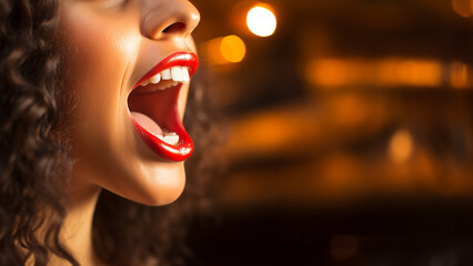 Wunderschöne sexy rote Lippen einer Frau mit Zähne schreit Nahaufnahme Querformat, ai generativ - obrazy, fototapety, plakaty