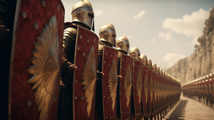 a wall of ancient roman soldiers marching to battle in the testudo formation - obrazy, fototapety, plakaty