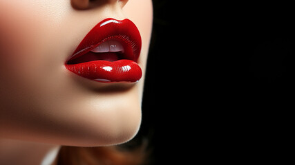Wunderschöne sexy rote Lippen einer Frau mit Zähne Nahaufnahme Querformat, ai generativ - obrazy, fototapety, plakaty