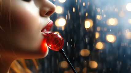 Wunderschöne sexy rote Lippen einer Frau mit lolli und Bokeh Nahaufnahme Querformat, ai generativ