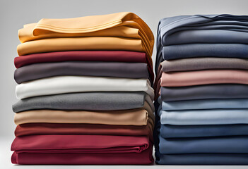 Neat stack of simple clothes folded isolated on white background, clothing folding concept,