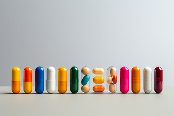 Various medicine capsules on a blank backdrop. Generative AI