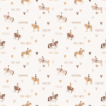 Cute kids riding ponies, seamless vector pattern
