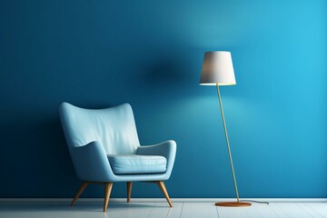 Simple, cozy room with a single chair and a lamp against a blue wall. Generative AI