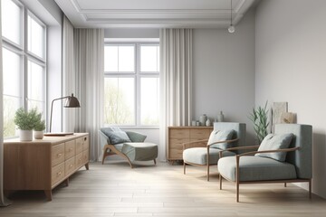 Naklejka na ściany i meble Bright lounge with armchairs, drawer, window, and wall. Generative AI