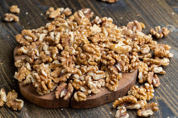 Walnut kernel on the kitchen table during cooking