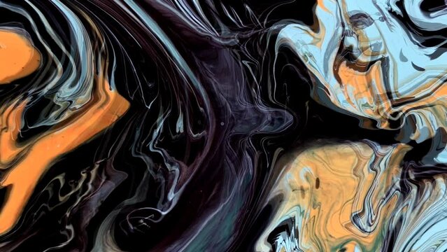 Animation of colorful liquid moving over and over on abstract background. Abstract fluid seamless loop in black, orange and turquoise colors
