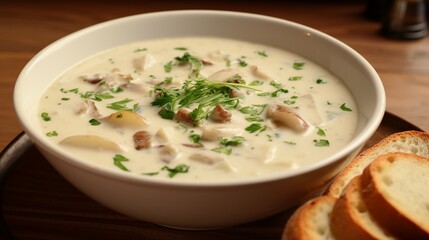 A bowl of creamy clam chowder, filled with plump clams and hearty chunks of potatoes.