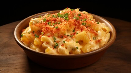 A bowl of creamy lobster macaroni and cheese, with chunks of succulent lobster throughout.
