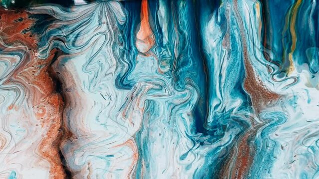 Animation of colorful liquid moving over and over on abstract background. Abstract fluid seamless loop in blue, white and turquoise colors
