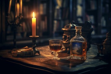 Mysterious ambiance: discovering allure through a glass of spirits in a dim and atmospheric setting. Generative AI - obrazy, fototapety, plakaty
