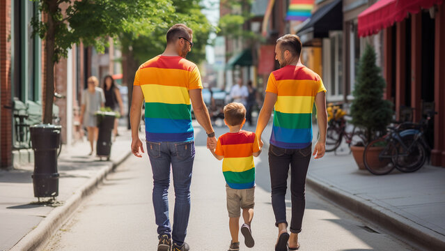 A Gay Couple And Their Adopted Black Child Walking Hand In Hand