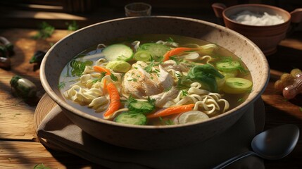 A bowl of hearty chicken noodle soup, filled with tender pieces of chicken, vegetables, and egg noodles.