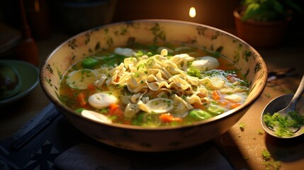 A bowl of hearty chicken noodle soup, filled with tender pieces of chicken, vegetables, and egg noodles.