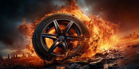 A car wheel burning in flames on a dark background illustration