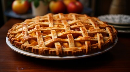 A close-up of a classic apple pie, with a golden lattice crust and a cinnamon-spiced apple filling.
