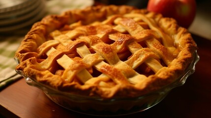 A close-up of a classic apple pie, with a golden lattice crust and a cinnamon-spiced apple filling.