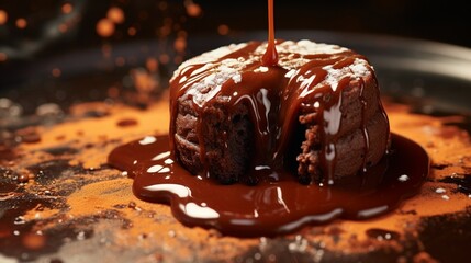 A close-up of a decadent molten chocolate fondant, with a gooey center that spills out when cut.