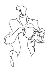 One line drawing of hold pot pour aroma coffee cup.
One continuous line drawing of man preparing coffee..