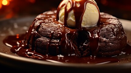 A close-up of a gooey and indulgent chocolate lava cake, with a molten center.