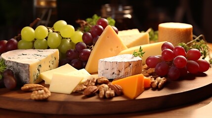 A close-up of a gourmet cheese platter, showcasing a variety of cheeses, crackers, and grapes.