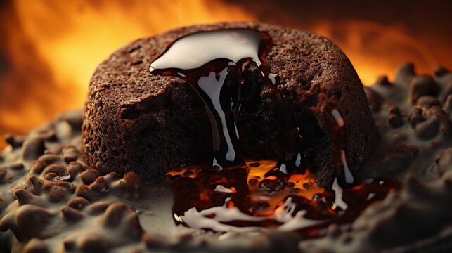 A close-up of a gooey and indulgent chocolate lava cake, with a molten center.