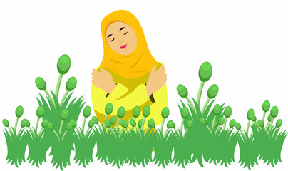 Vector illustration, a Muslim woman is in a flower garden with isolated white background 