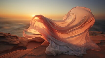 Chiffon fabric flowing in the wind against a sunset backdrop.