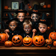 Fototapeta premium A group of children in costumes and with pumpkins at home for Halloween. Generative AI