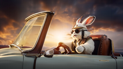 Traveler Bunny driving an old-fashioned car and giving a thumbs up to the camera.

 - obrazy, fototapety, plakaty