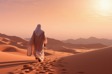Arabian man walking in the desert with sand dunes at sunset - obrazy, fototapety, plakaty