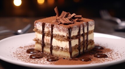A decadent tiramisu dessert, each layer visible and topped with a dusting of cocoa powder. - Powered by Adobe