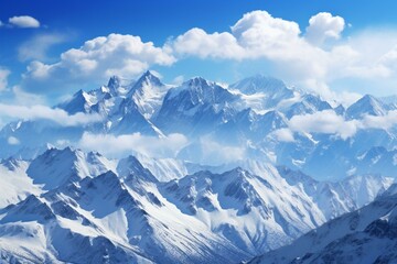 Fototapeta na wymiar snowy mountain range under blue sky with clouds. Generative AI