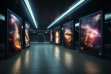 Empty vertical advertising banners in an underground tunnel walkway with equipped lightboxes. Generative AI