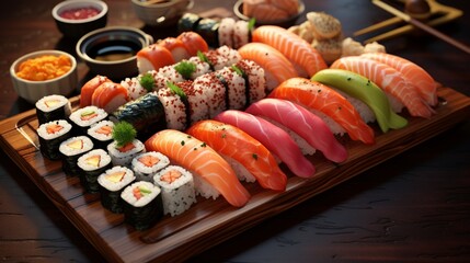 A mouthwatering sushi platter featuring an array of colorful rolls, fresh sashimi, and pickled ginger.