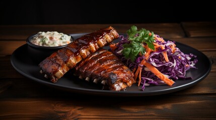 A plate of barbecue ribs, glazed with a sticky, finger-licking sauce, and accompanied by coleslaw.