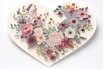 Fototapeta na wymiar Heart-shaped card adorned with a beautiful bouquet of stylized flowers, symbolizing love and affection. Generative AI