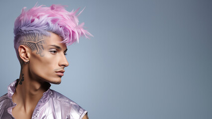 Transgender Gesicht in einzigartiger New Wave Gesichtsbemalung und genialer Popiger Frisur Nahaufnahme im Querformat für Banner, ai generativ