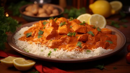 A plate of chicken tikka masala, with tender pieces of chicken in a rich and flavorful curry sauce.